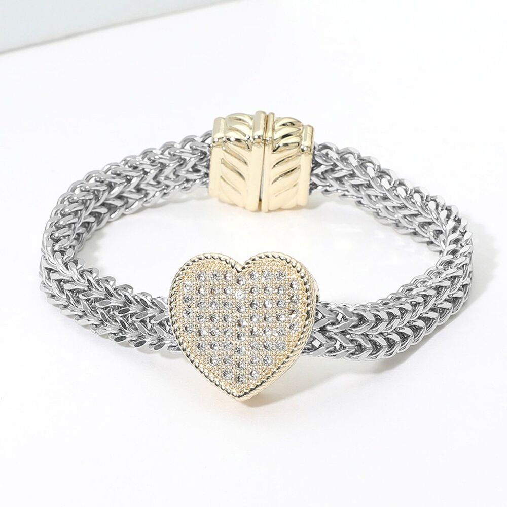 Two Tone CZ Heart Pendant Woven Mesh Cable Magnetic Bracelet Silver Gold